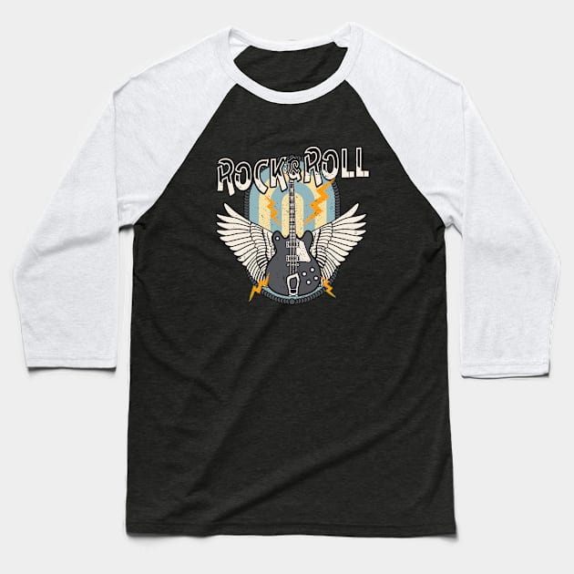 Rock & Roll Retro Electric Guitar Wings Baseball T-Shirt by Foxxy Merch